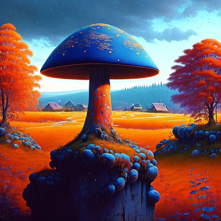 Colorful digital artwork: Oversized blue mushroom in autumn landscape