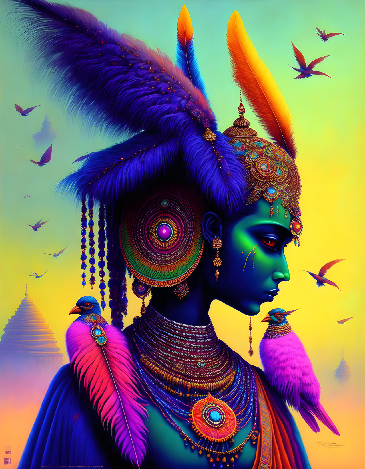 Colorful digital artwork: Figure with jewelry and feathers in temple setting