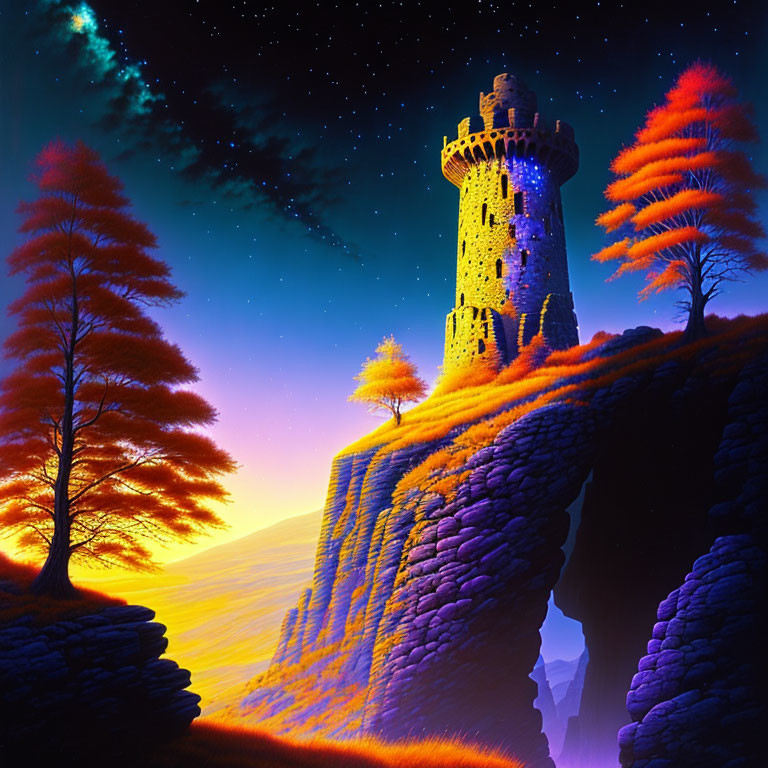 Fantasy landscape at dusk: illuminated tower on cliff, autumn trees, starry sky.