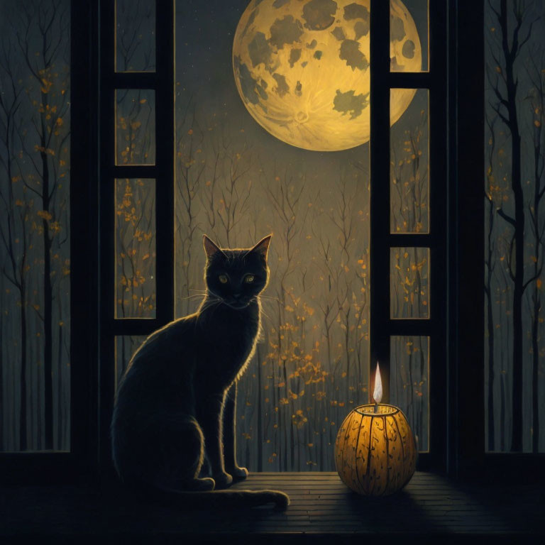 Cat by lit jack-o'-lantern on wooden floor with full moon and bare trees - Halloween scene