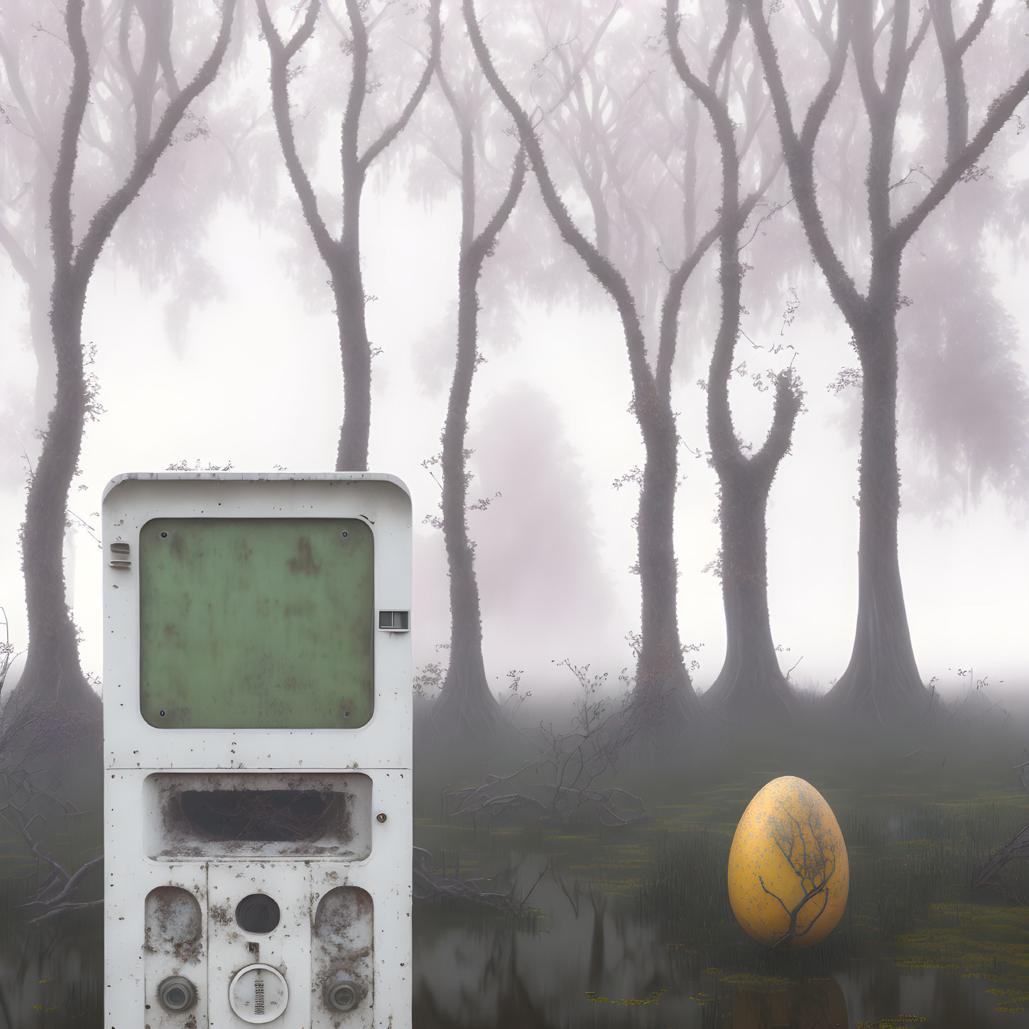 Surreal landscape: old washing machine, golden egg, foggy woods