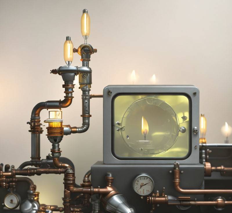 Steampunk-themed setup with pipes, gauges, candles, retro TV, and light bulbs