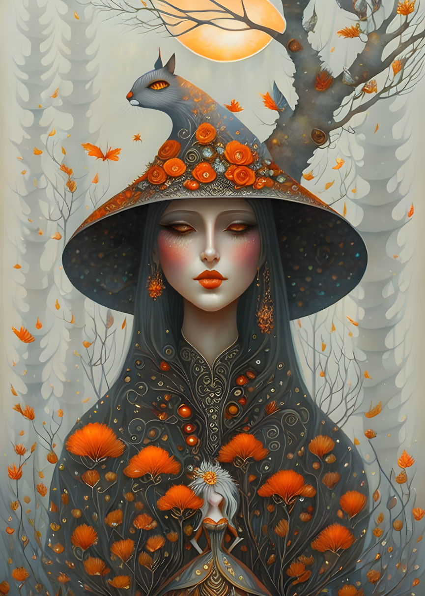 Mystical woman with pale skin and red lips in autumnal forest with cat hat