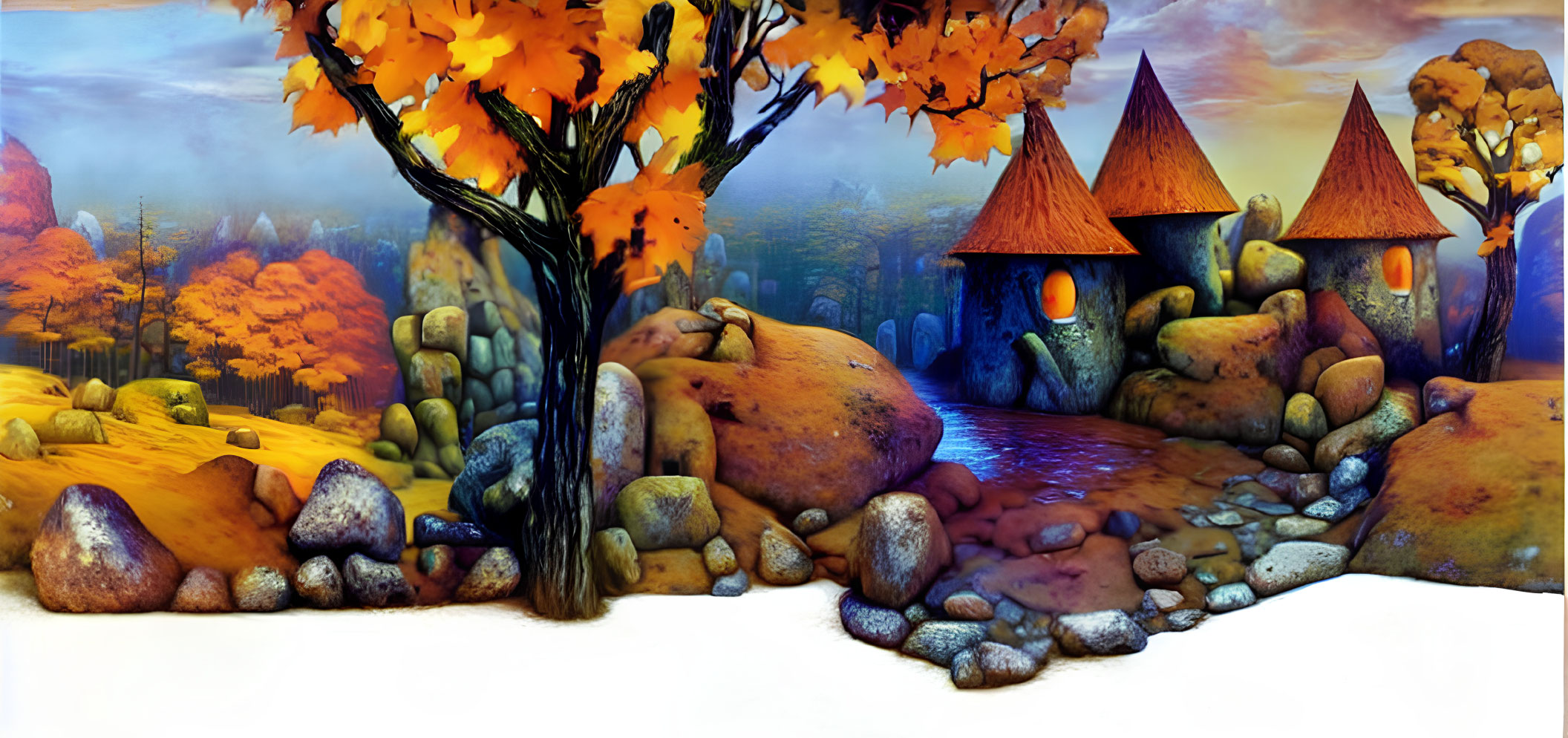 Enchanting Autumn Landscape with Whimsical Cottages and Orange Trees