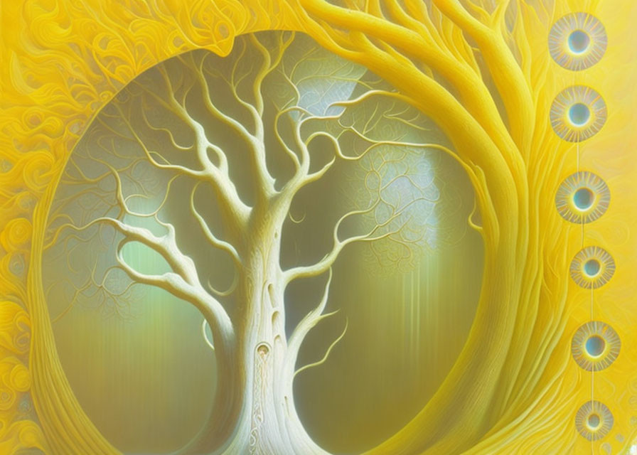 Whimsical white tree on yellow background with swirls and blue eyes.