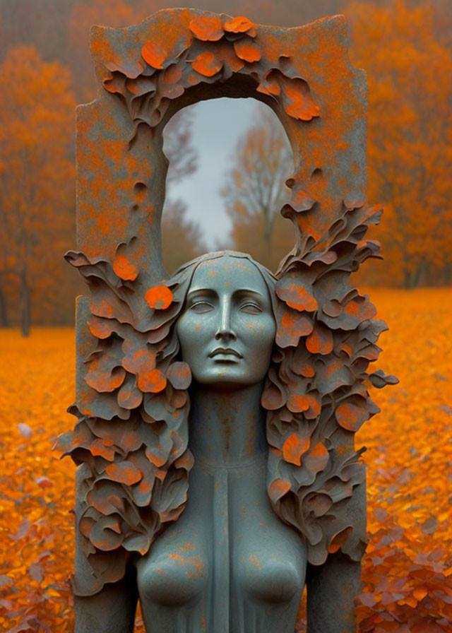 Bronze sculpture of woman with leaf motifs and rusted portal in autumn setting