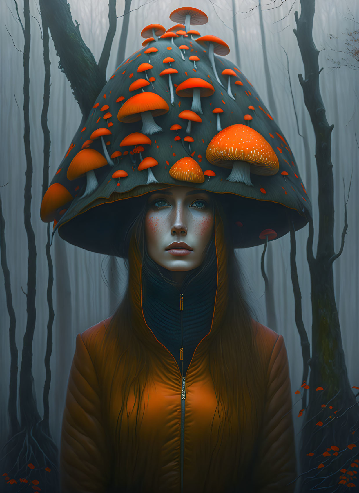 Woman with Vibrant Orange Mushroom Hat in Misty Blue Forest