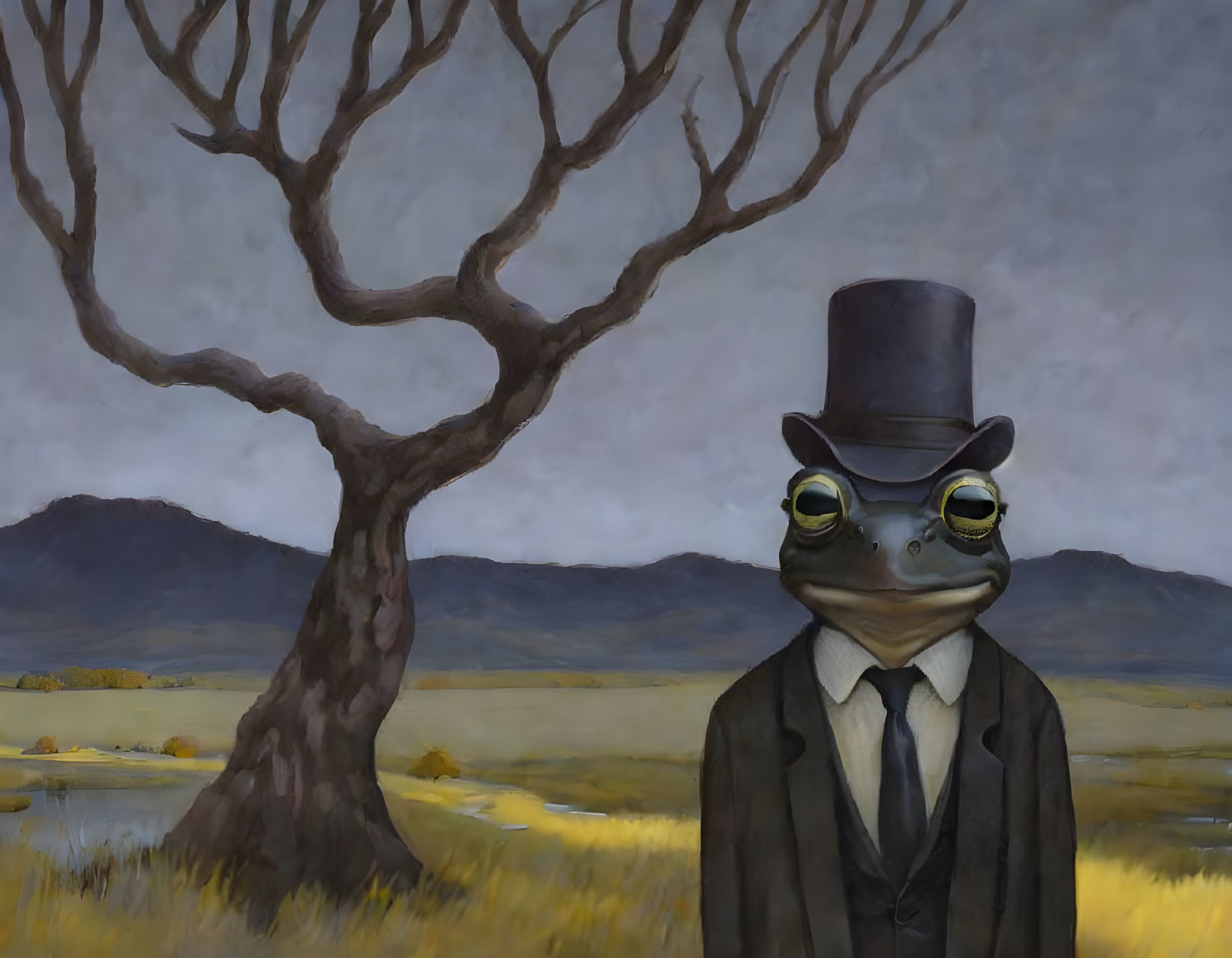 Anthropomorphic frog in suit and top hat in barren landscape with tree and mountains