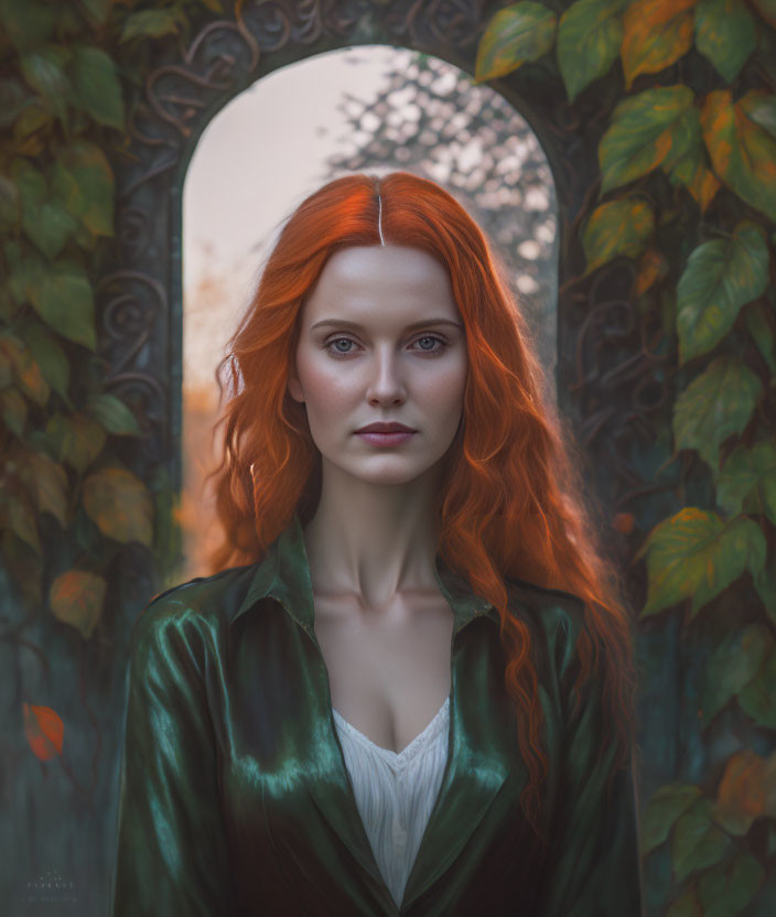 Red-haired woman in green velvet jacket by ornate arch with ivy