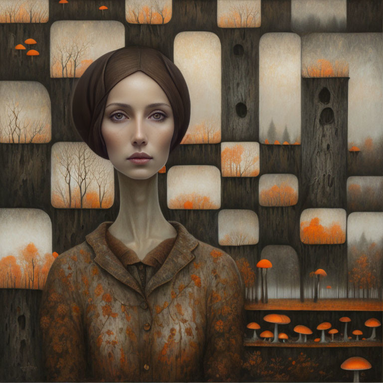 Surreal portrait of woman with autumn trees and floating islands in muted colors