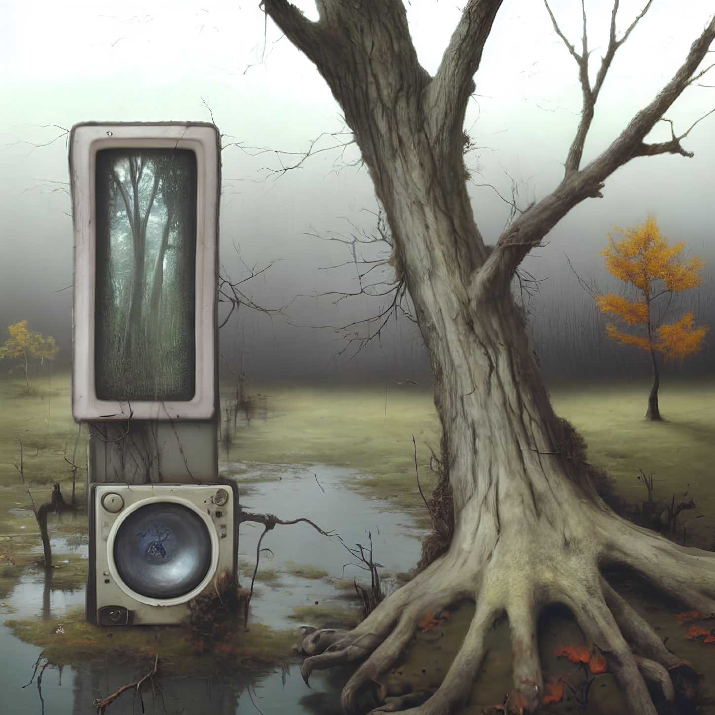 Surreal landscape with washing machine door in forest blends with misty swamp and autumn tree.