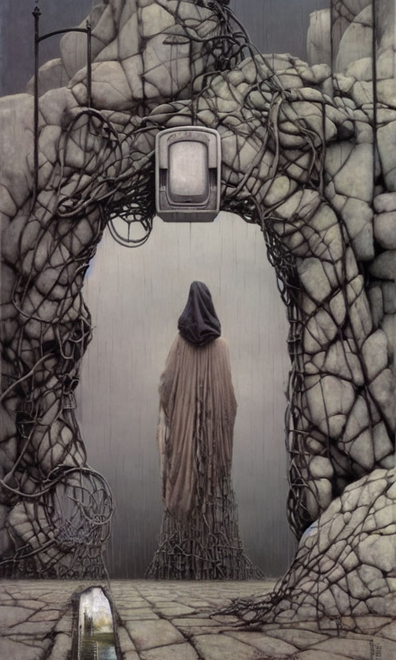 Cloaked figure at arched doorway under grey sky with opaque window