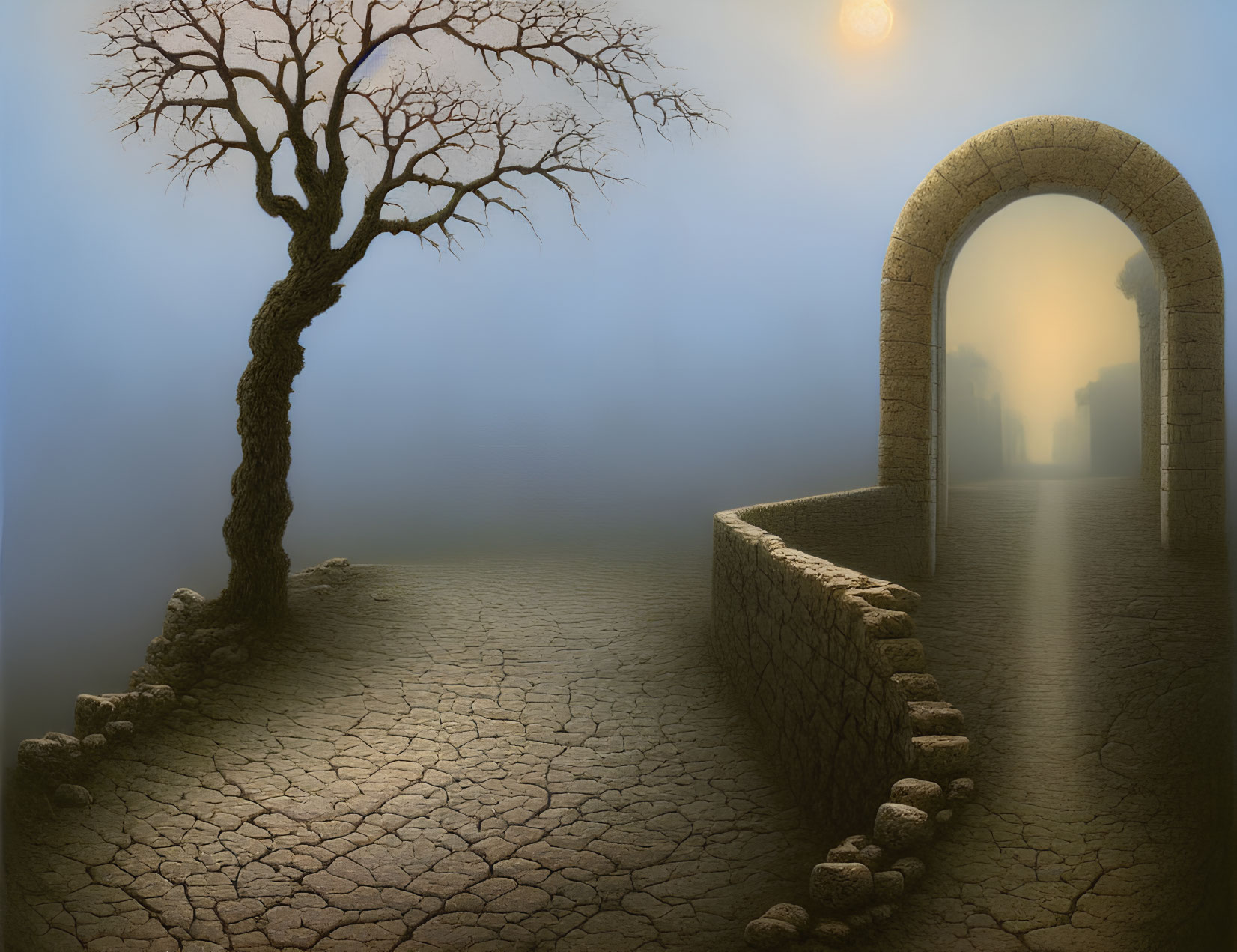 Leafless tree by cobblestone path to misty gateway with glowing orbs and silhouettes.