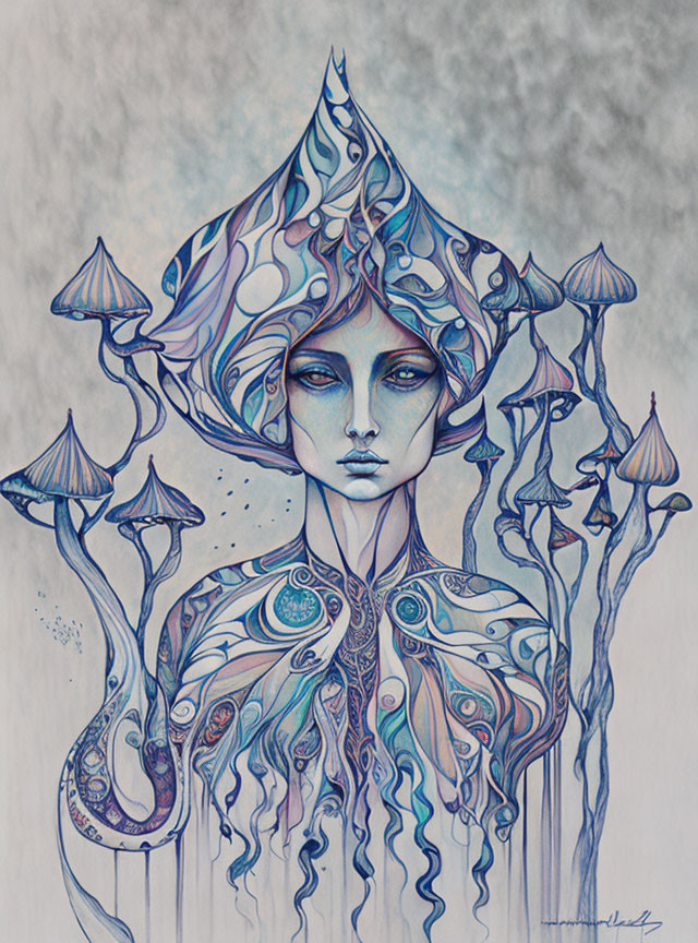 Surreal humanoid figure with mushroom headdress and intricate patterns