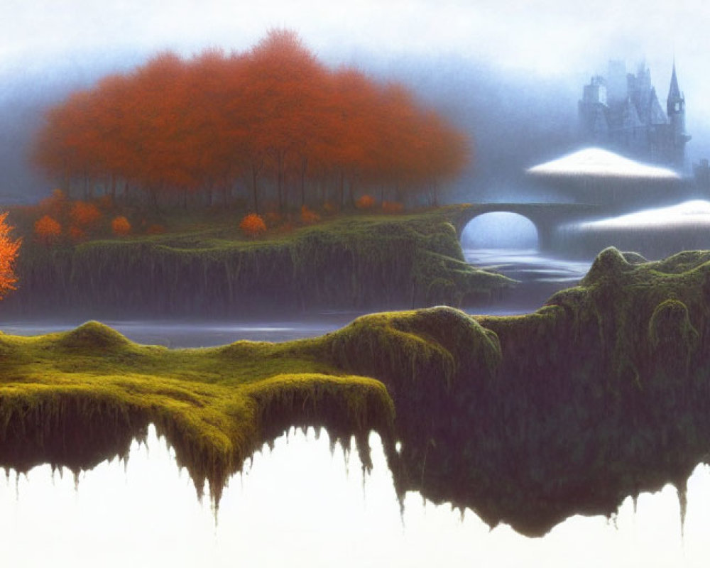 Tranquil fantasy landscape with autumn trees, reflective lake, misty background, castles, and