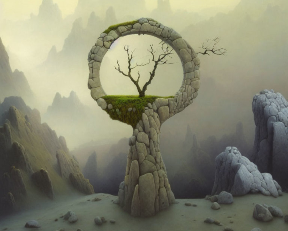 Surreal landscape with rocky keyhole structure and lone tree amid misty mountains