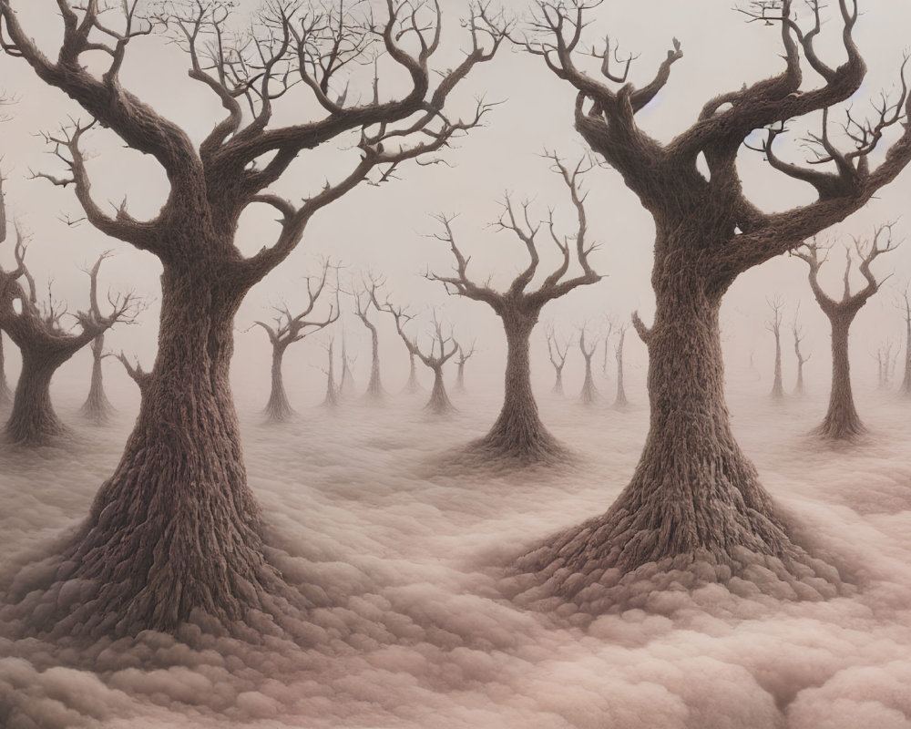 Twisted leafless trees on pinkish-white foggy ground