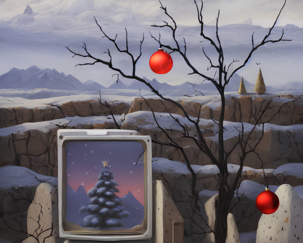 Vintage computer displays wintry Christmas scene with snowy tree and red ornament.