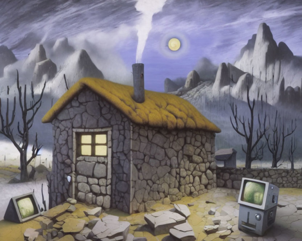 Stone cottage with thatched roof under moonlit sky, barren trees, mountains, and old-style TVs