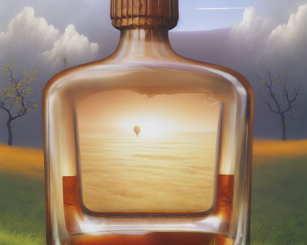 Surreal illustration: glass bottle with desert landscape, hot air balloon, sand dunes, grass