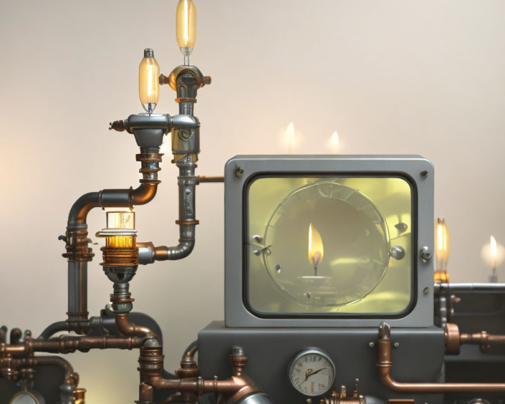 Steampunk-themed setup with pipes, gauges, candles, retro TV, and light bulbs