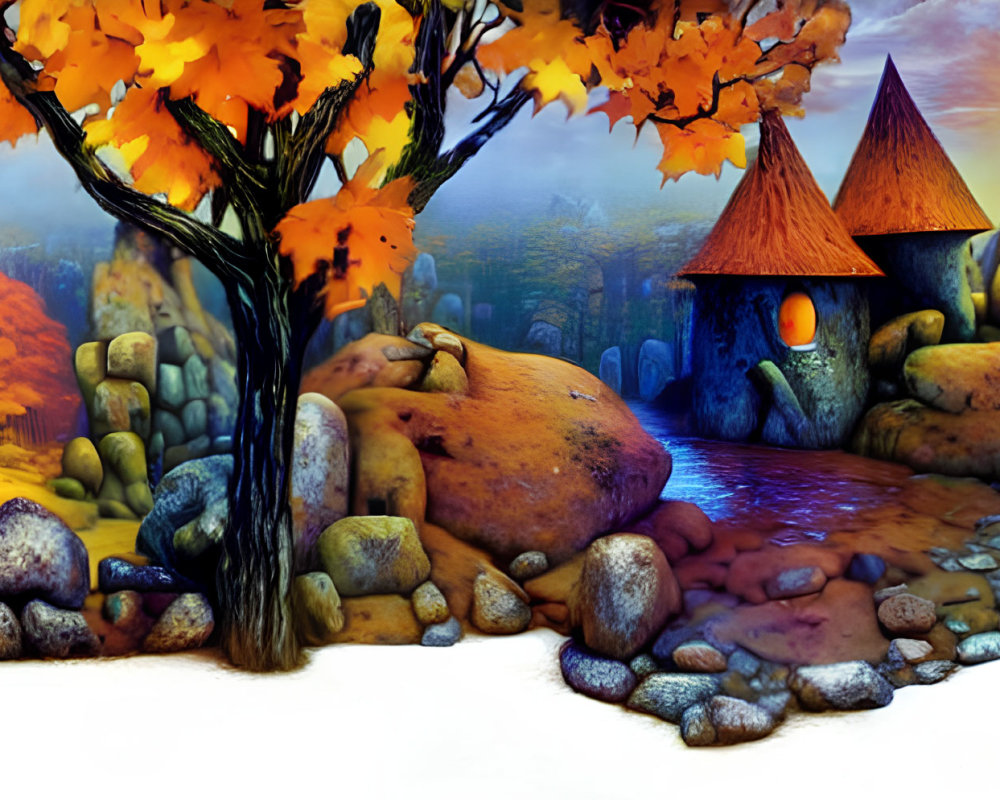 Enchanting Autumn Landscape with Whimsical Cottages and Orange Trees