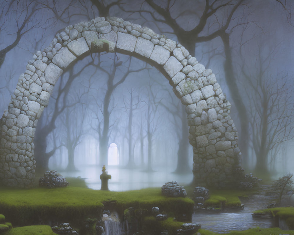 Mystical stone arch in foggy forest with figure in glowing light