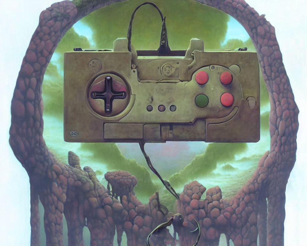 Surreal painting of video game controller in stone archway