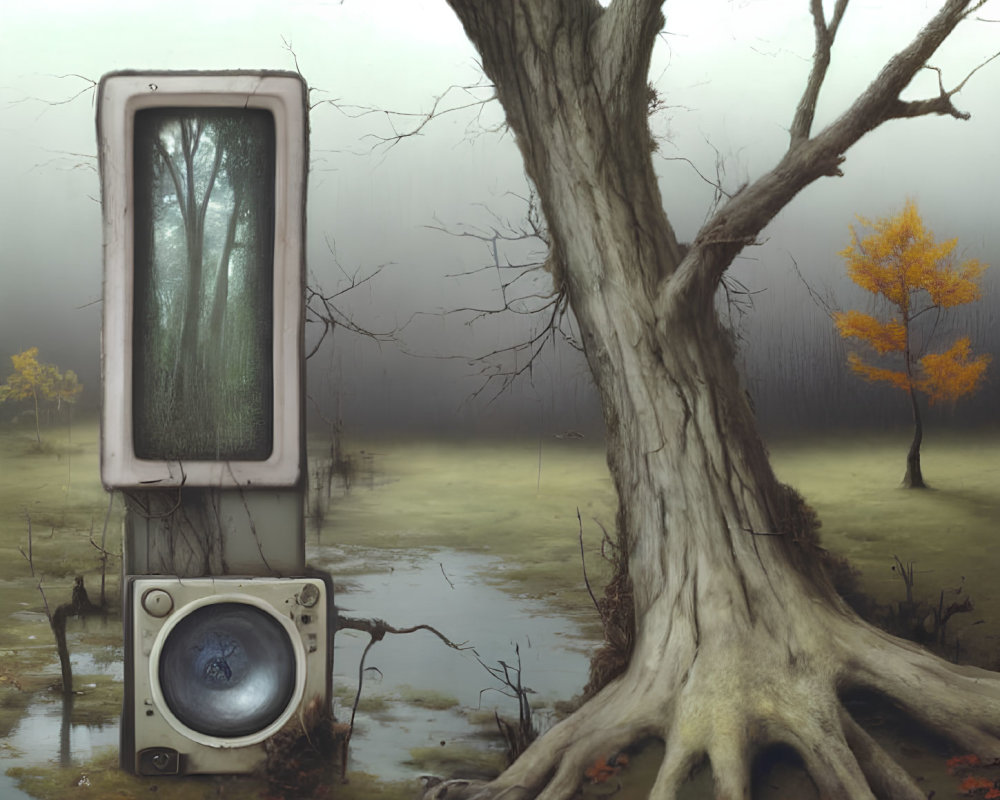 Surreal landscape with washing machine door in forest blends with misty swamp and autumn tree.