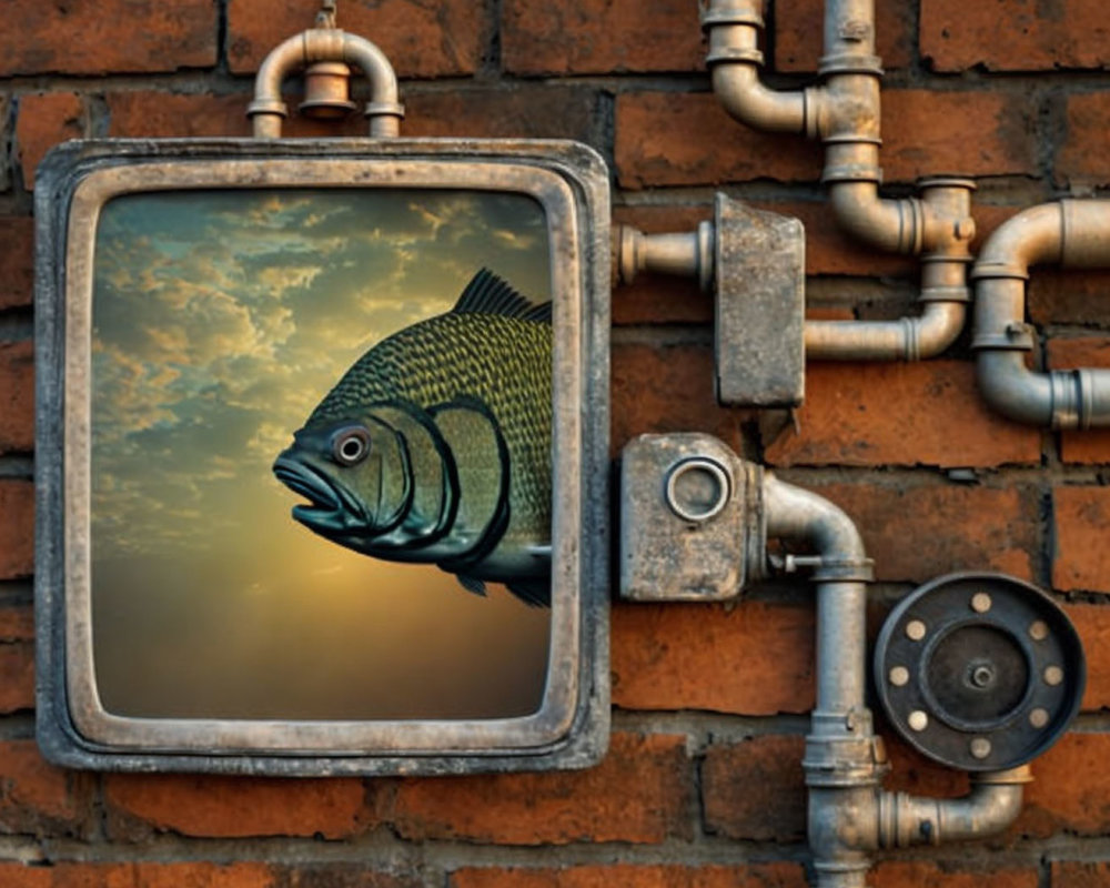 Vintage TV mounted on brick wall with fish swimming out