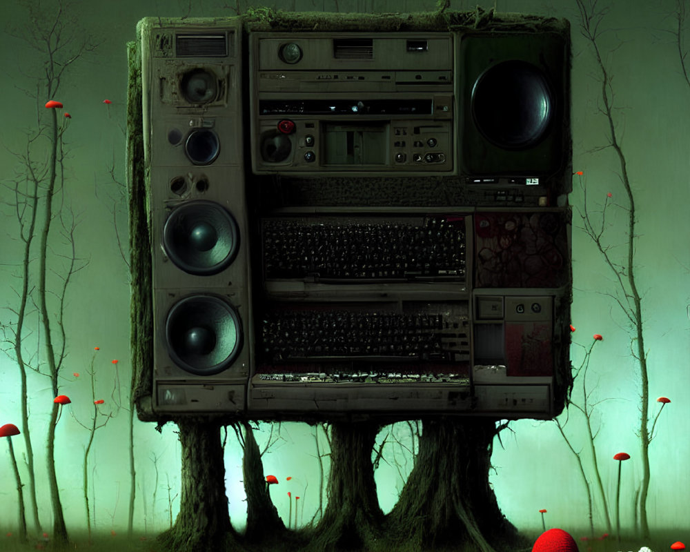 Vintage stereo system in eerie forest with red mushrooms and gloomy ambiance