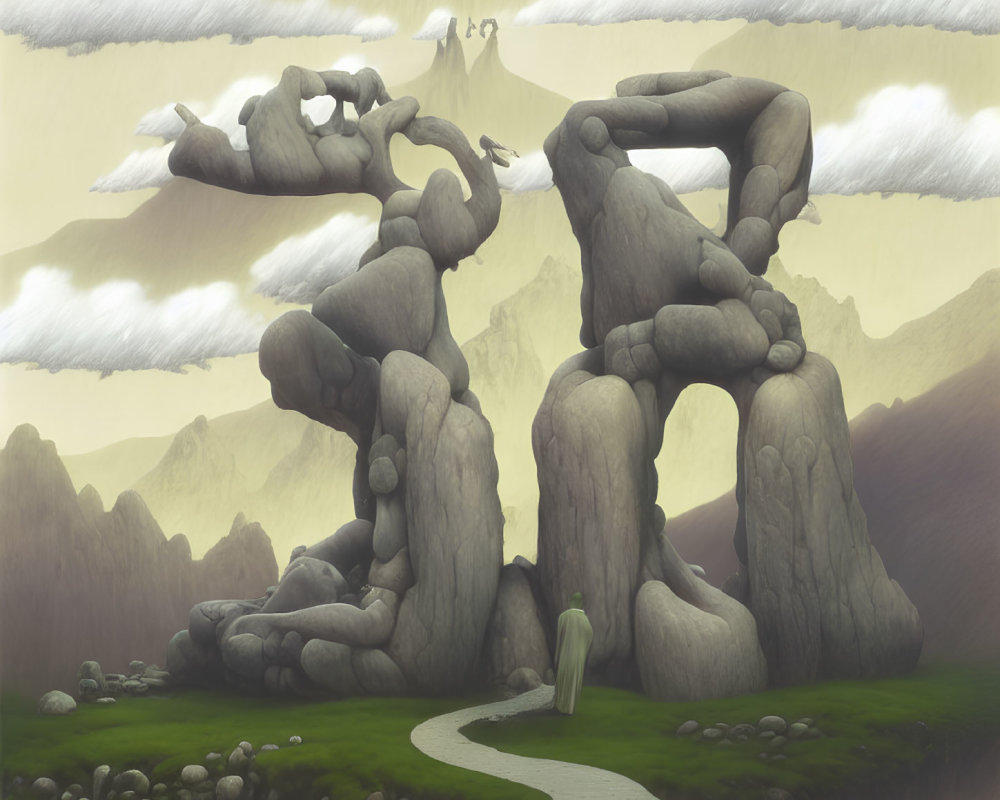 Surreal landscape with towering rock formations and human-like figures