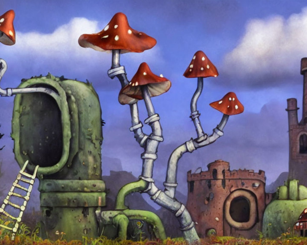 Whimsical illustrated landscape with mushroom structures and stone towers