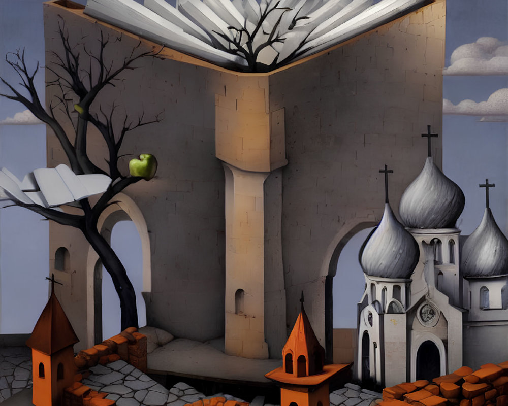 Surrealist painting featuring book-like building, lone green apple tree, and onion domed church