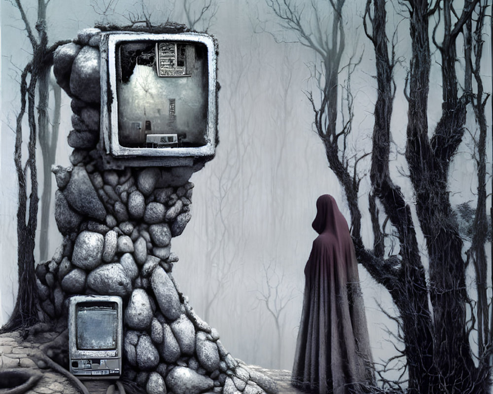 Cloaked figure with vintage TVs in bleak forest with stones