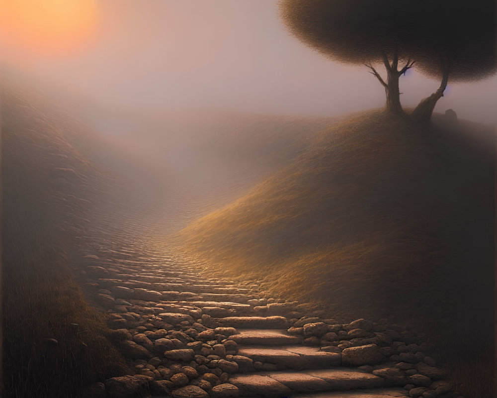 Stone Pathway Climbs Hill to Lone Tree in Misty Sunset