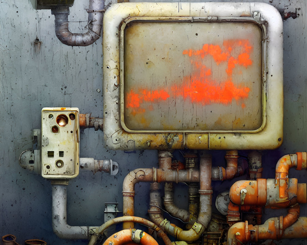 Rusty pipes and valves with orange glow against weathered metal wall