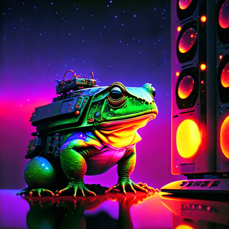 Colorful frog with cybernetic enhancement in neon-lit setting