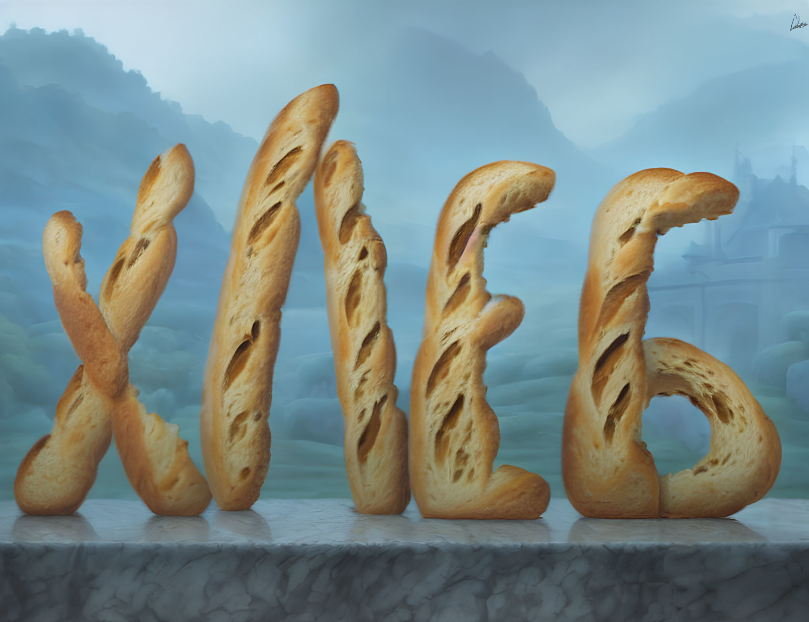 Anthropomorphic bread characters in various human-like postures against castle backdrop