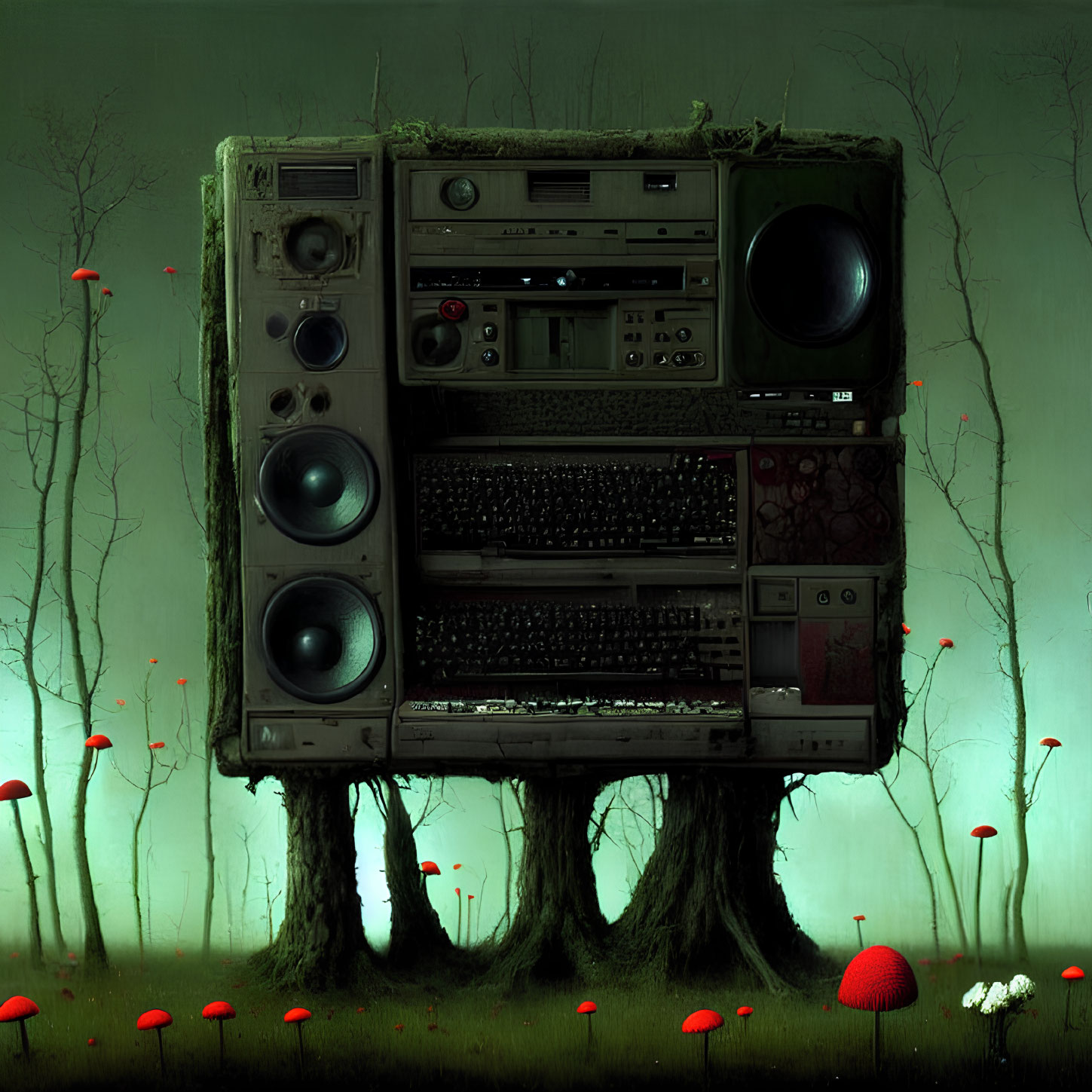 Vintage stereo system in eerie forest with red mushrooms and gloomy ambiance