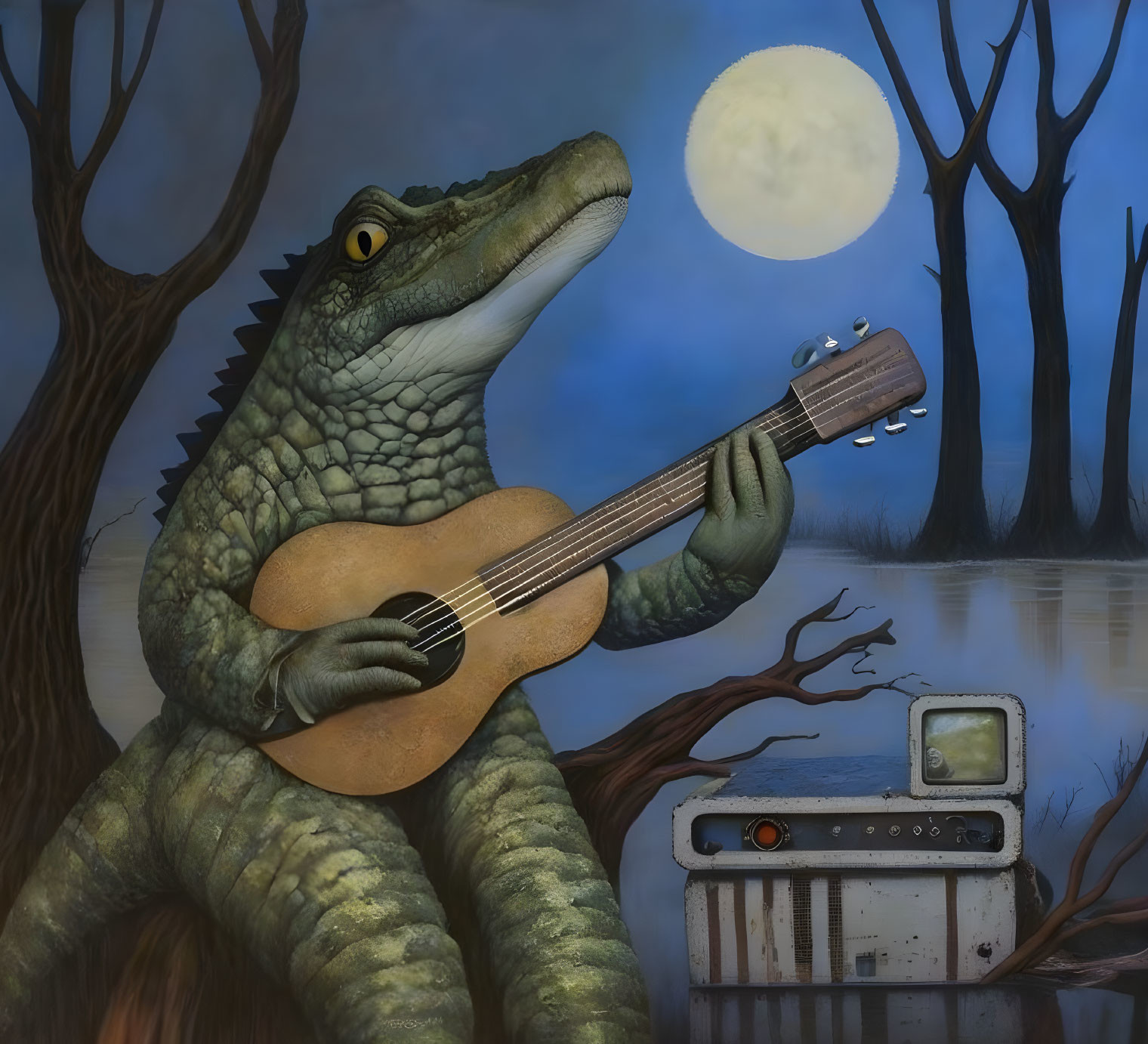 Anthropomorphic alligator playing guitar by moonlight next to vintage TV in swamp