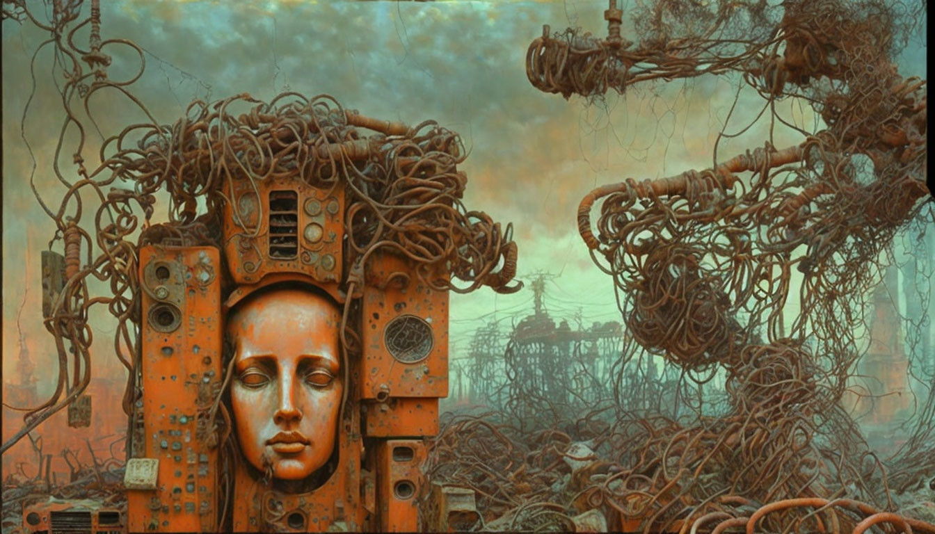 Surreal robotic head with serene human face in dystopian setting