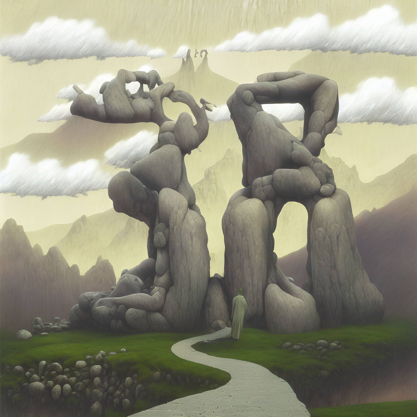 Surreal landscape with towering rock formations and human-like figures