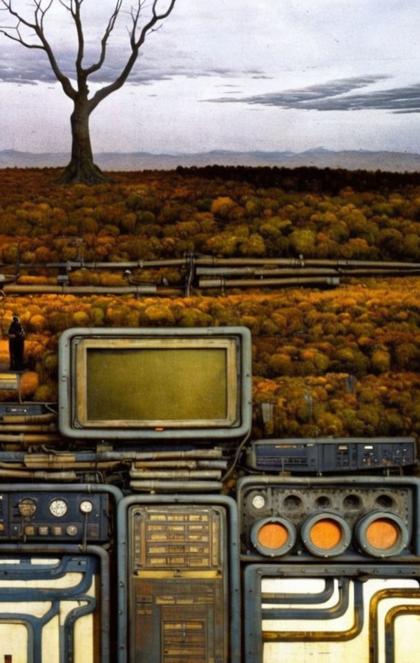 Vintage Electronic Equipment Overlooking Surreal Nature Landscape