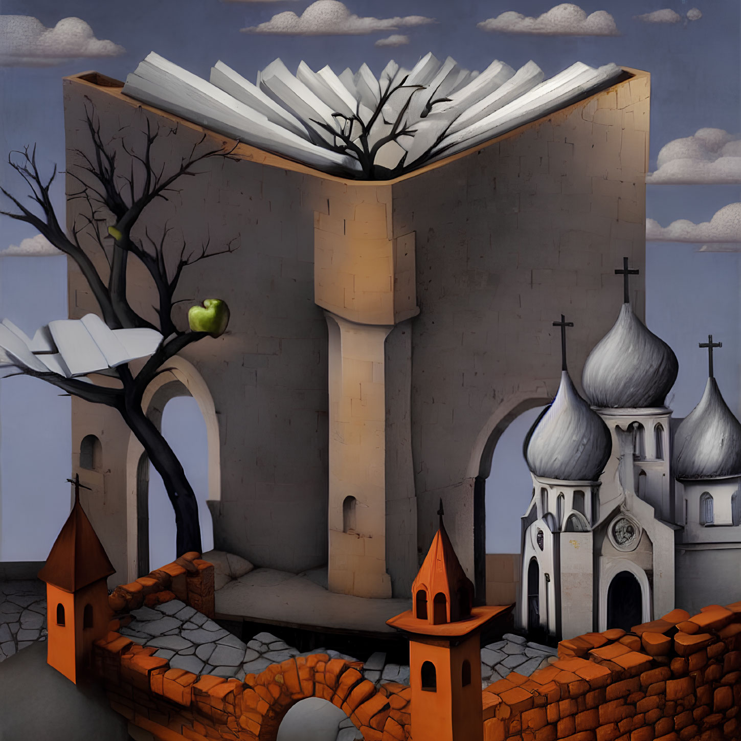 Surrealist painting featuring book-like building, lone green apple tree, and onion domed church