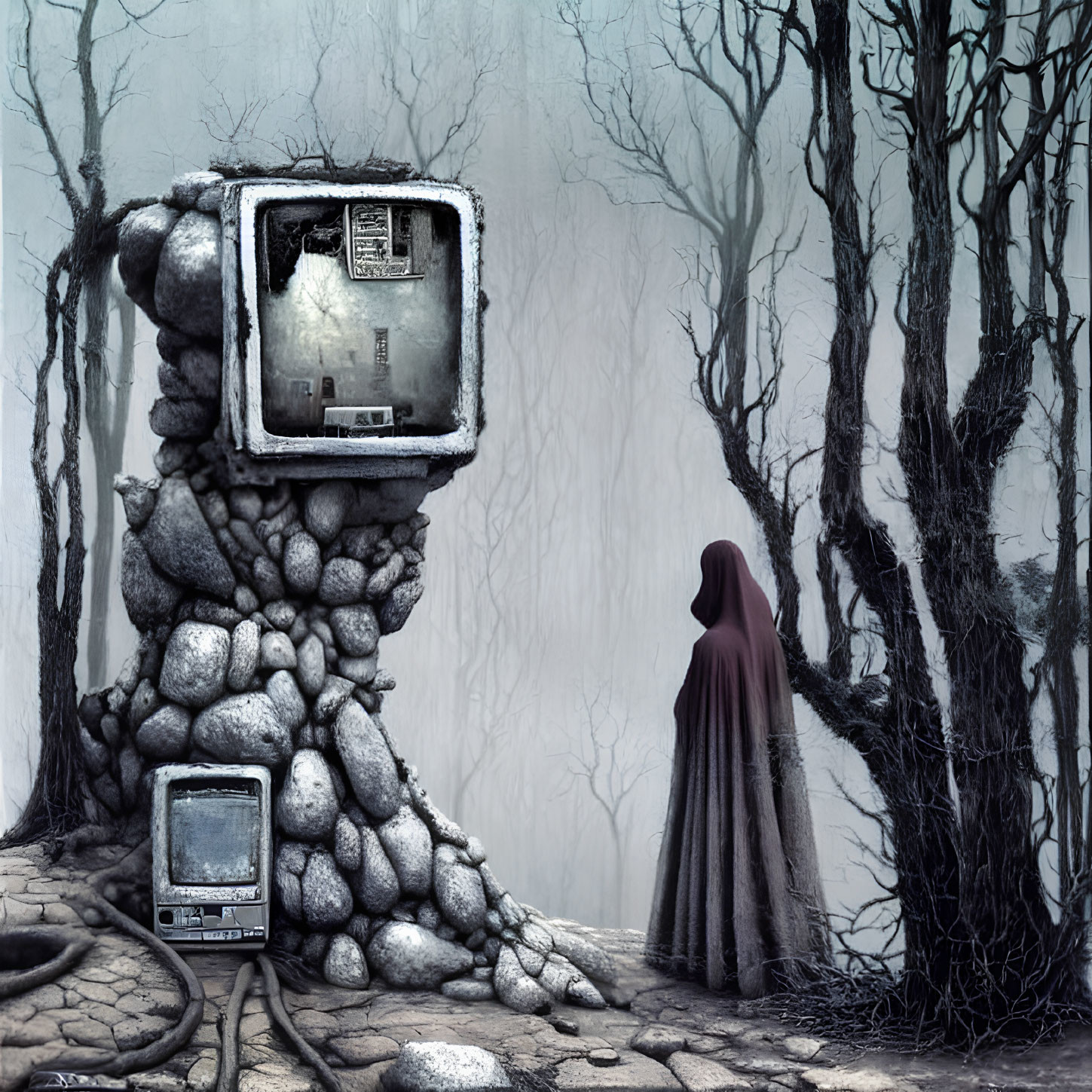 Cloaked figure with vintage TVs in bleak forest with stones