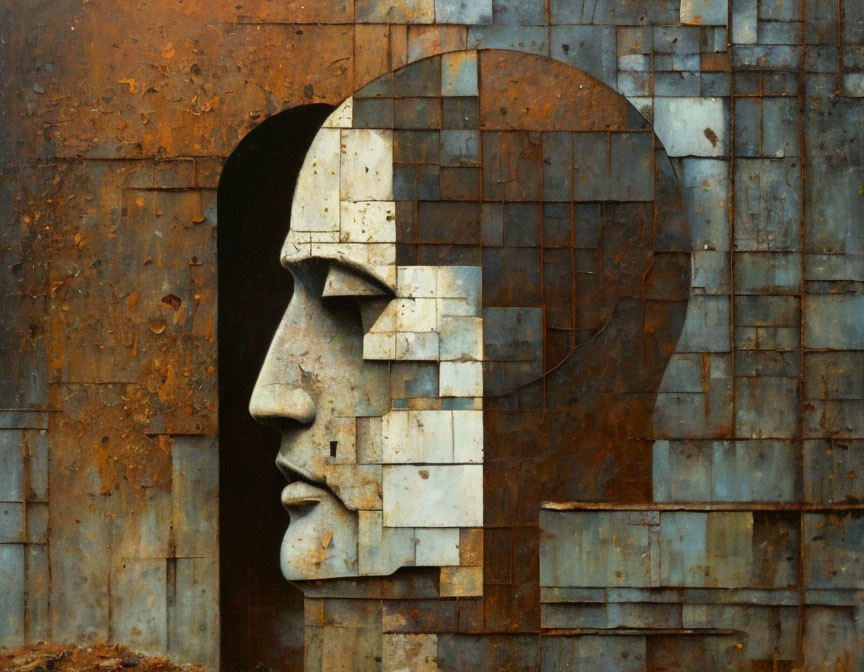 Fragmented metallic face profile against rusted squares backdrop