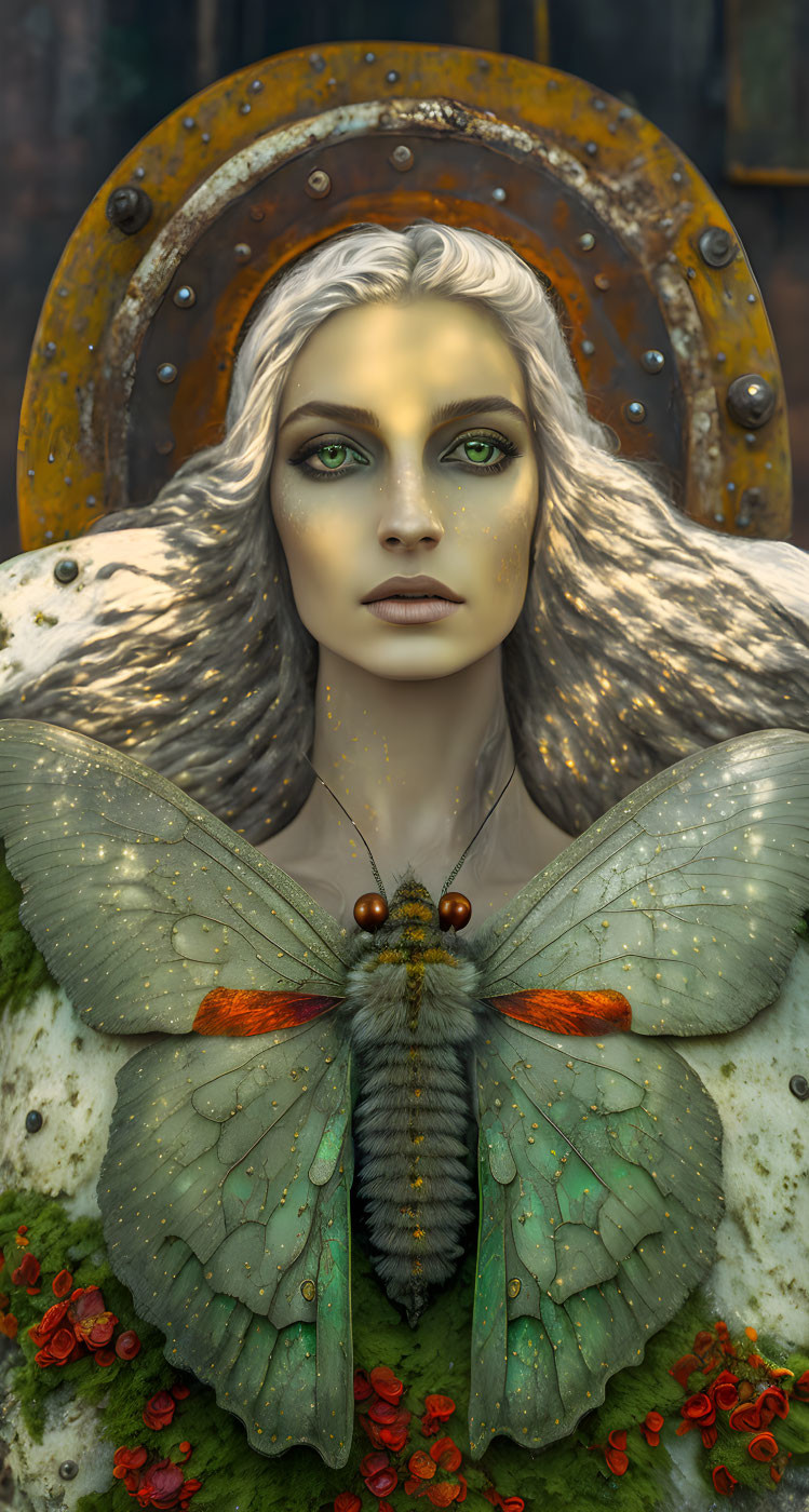 Fantasy portrait of woman with butterfly wings and green eyes against old circular door.