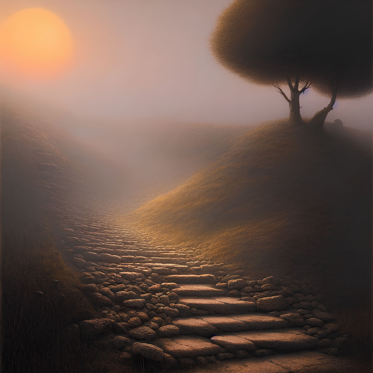 Stone Pathway Climbs Hill to Lone Tree in Misty Sunset