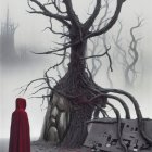 Cloaked figure by futuristic tree in misty landscape